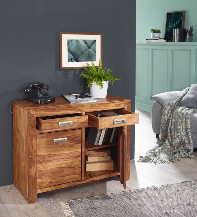 FineBuy Sideboard Massivholz Sheesham Kommode 90 cm 2 Schubladen 2 Türen Design Highboard Landhaus-Stil braun natur Echt-Holz Schubladenkommode Natur-Produkt Flur-Möbel Aufbewahrung Dielen-Möbel 4250950208919