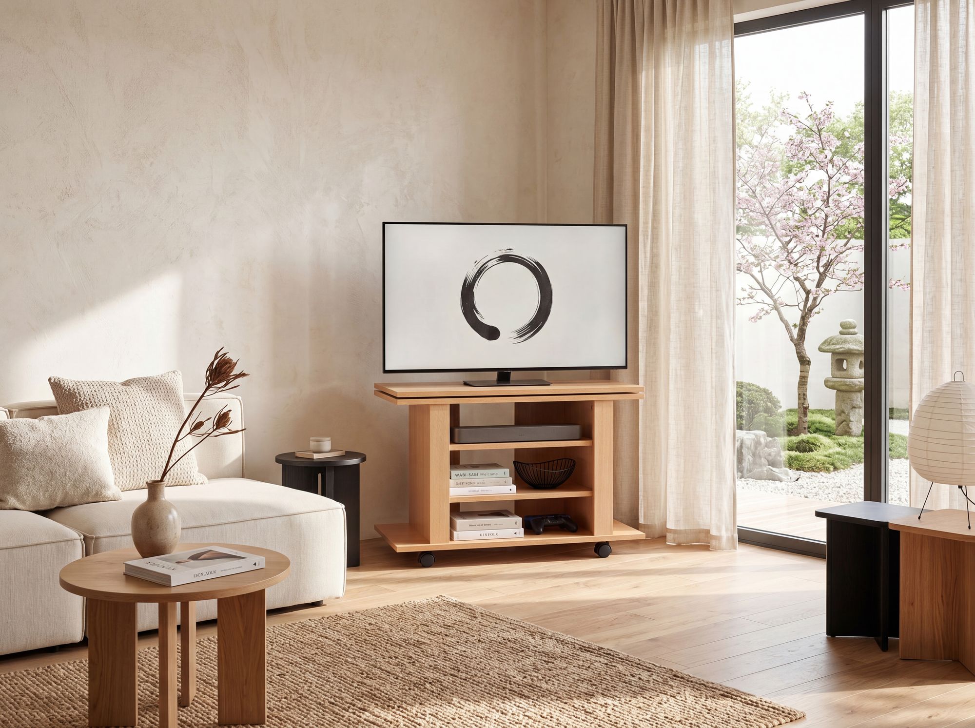 Fernsehschrank Rollbar Drehbar TV Bank Schrank Möbel Fernsehtisch HiFi Rack Holz – Ansicht 2