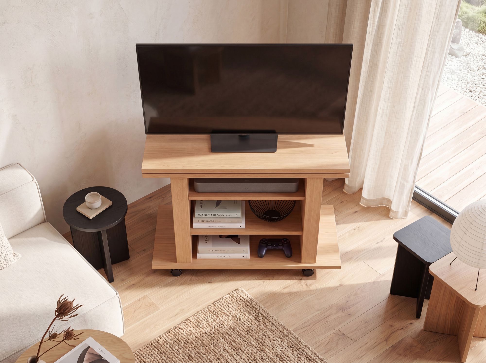 Fernsehschrank Rollbar Drehbar TV Bank Schrank Möbel Fernsehtisch HiFi Rack Holz – Ansicht 4
