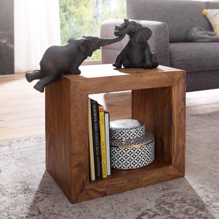 FineBuy Standregal Massivholz Sheesham 44 cm hoch Cube Regal Design Holzregal Natur-Produkt Beistelltisch Landhaus-Stil dunkel-braun Wohnzimmer-Möbel Unikat Echtholz Couchtisch viereckig Anstelltisch 4250950212640