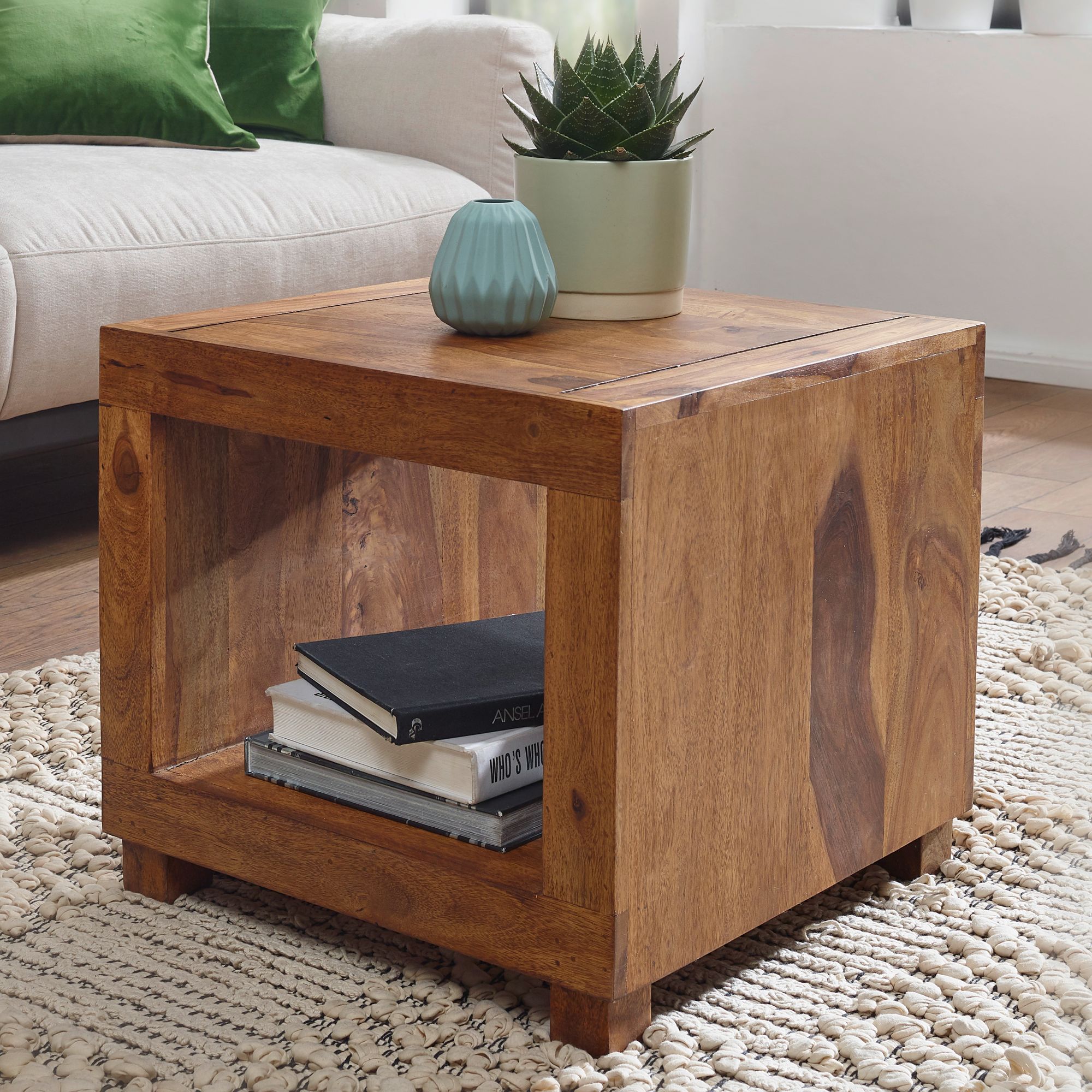 FineBuy Sheesham Massiv-Holz Couchtisch 50 x 50 cm Wohnzimmer-Tisch Design dunkel-braun Landhaus-Stil Beistelltisch Natur-Produkt Echtholz Unikat quadratisch Wohnzimmermöbel modern Massivholzmöbel