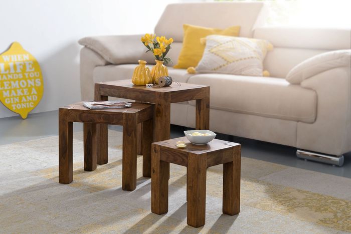 FineBuy 3er Set Satztisch Massiv-Holz Sheesham Wohnzimmer-Tisch Landhaus-Stil Beistelltisch dunkel-braun Naturholz 4250950214446