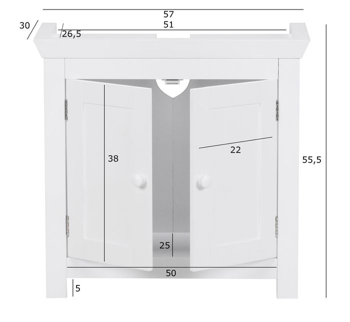 FineBuy Waschbeckenunterschrank Unterschrank Weiß 57 cm Badschrank – Maßzeichnung