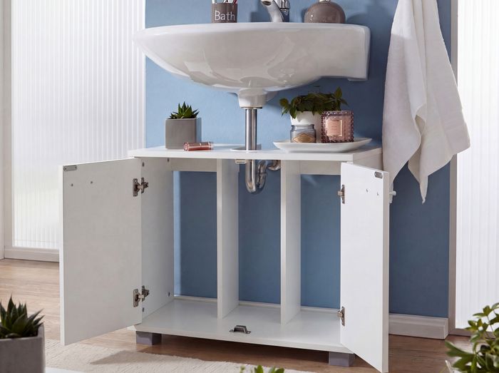 FineBuy Design Waschbeckenunterschrank FB37117 Badunterschrank mit 2 Türen Weiß, Kleiner Schrank Badezimmer 60 cm Breit, Badschrank Waschbecken Stehend, Bad Aufbewahrung, Waschtischunterschrank 4250950298590