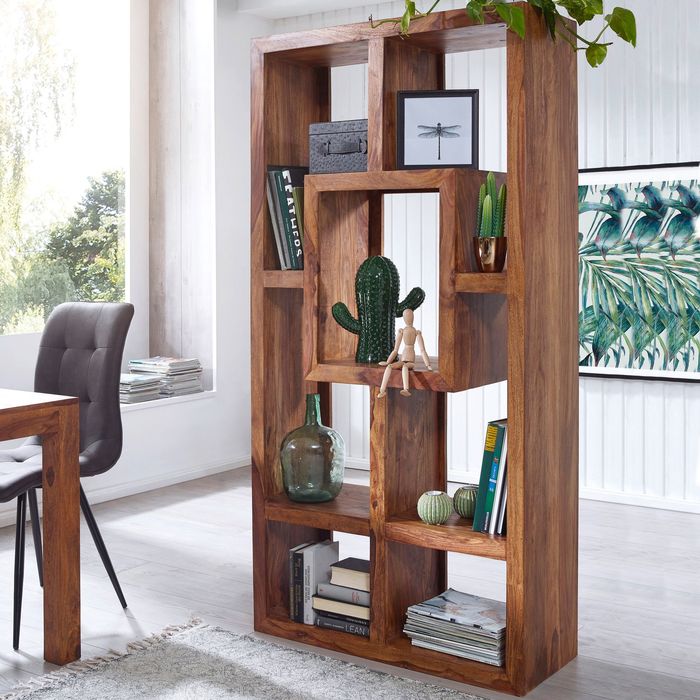 FineBuy Bücherregal Massiv-Holz Sheesham 90 x 180 cm Wohnzimmer-Regal Ablagefächer Design Landhaus-Stil Standregal 4250950214682
