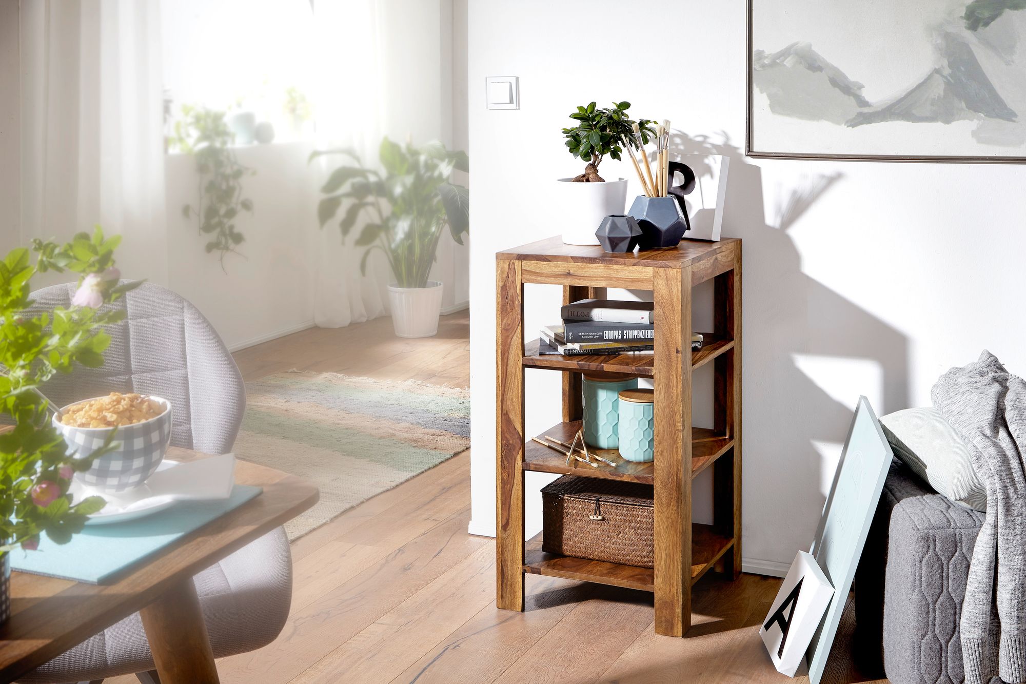 FineBuy Sheesham Massivholz Bücherregal 3 Böden Stand Regal 44x44x83 cm – Ansicht 2