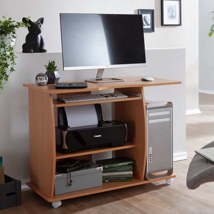 FineBuy Computertisch GRASSE rollbar Buche 90 x 71 x 50 cm mit Tastaturauszug, Laptop Tisch auf feststellbaren Rollen, PC-Tisch mit Drucker-Ablage platzsparend, Schreibtisch für kleine Räume 4250950216525