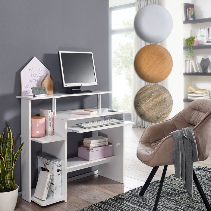 FineBuy Computertisch 94x90,5x48,5 cm Laptop Tisch Modern mit Tastaturauszug, PC-Tisch mit Drucker-Ablage platzsparend, Schreibtisch für kleine Räume mit Ablage, Laptoptisch Klein