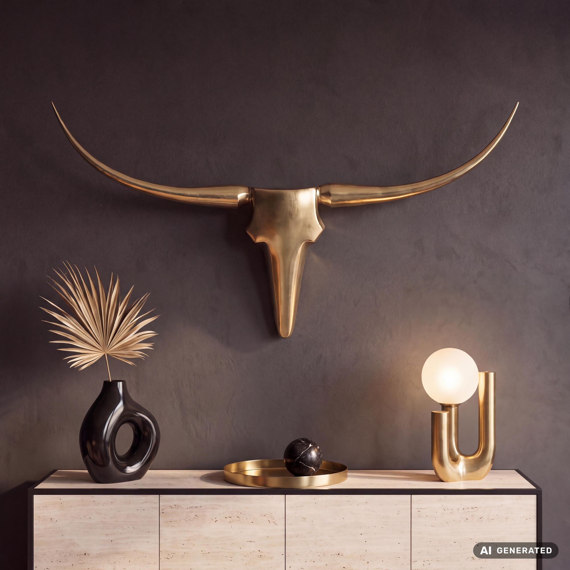 FineBuy Deko Geweih Bull M Aluminium Design Hörner 100cm Wanddekoration Gold – Ansicht 1