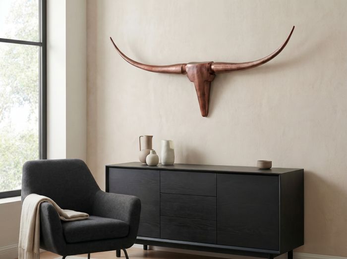 FineBuy Deko Geweih Bull M FB37860 Bronze 100 cm Aluminium Design Hörner, Wanddekoration Stierkopf Horn Modern, Wandskulptur Geweih-Jagdtrophäe Metall, Longhorn Wandschmuck Groß