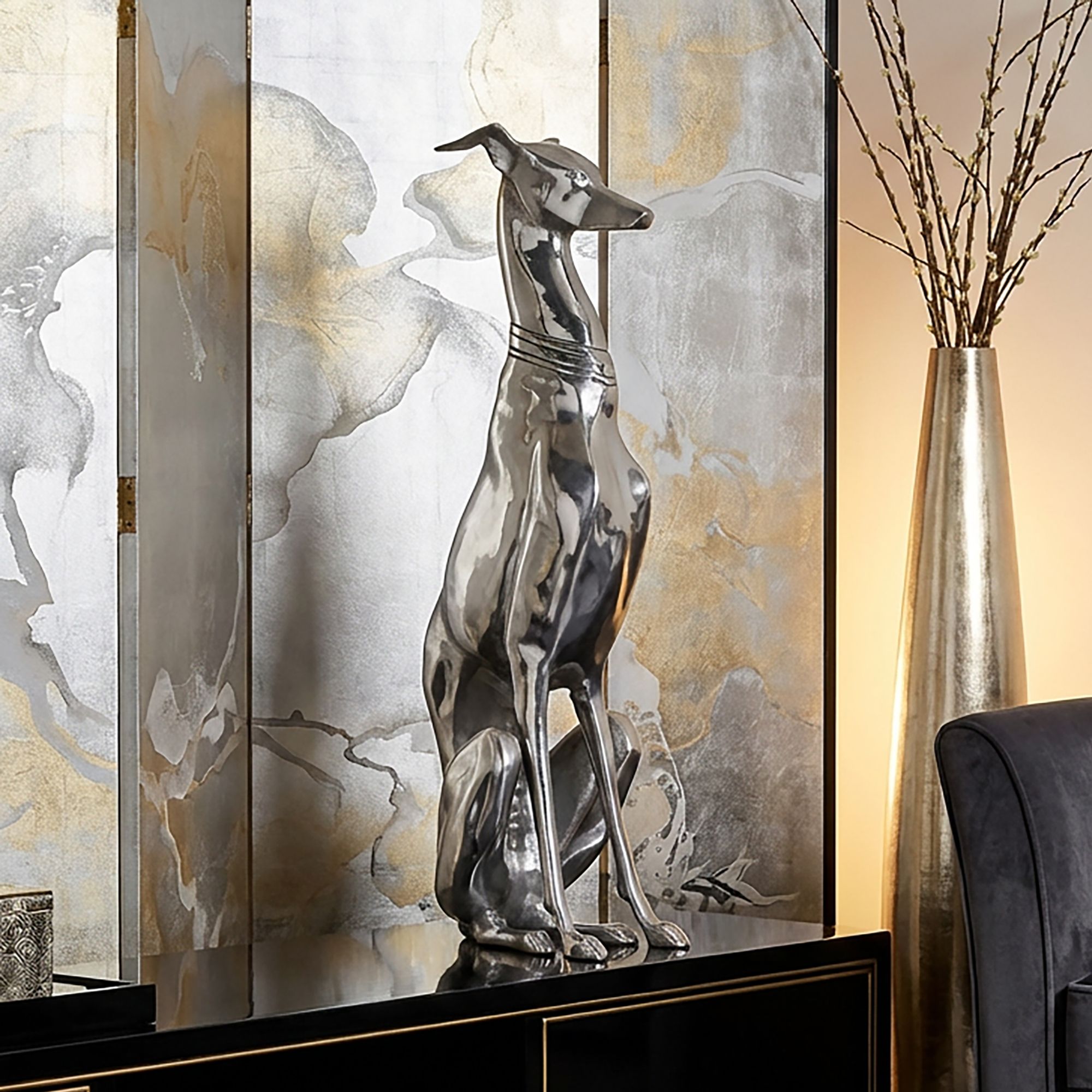 FineBuy Deko Design Dog aus Aluminium silbern Windhund Skulptur Hundestatue – Ansicht 1