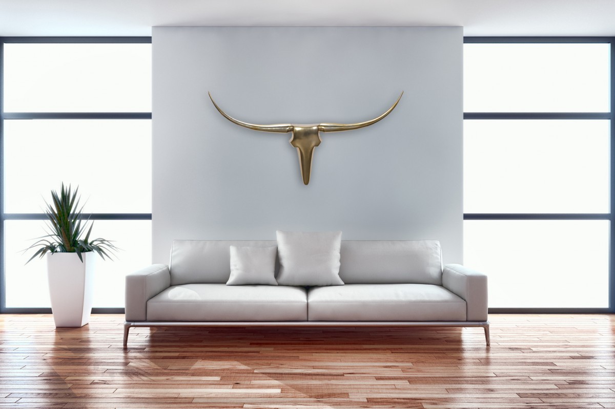 FineBuy Wanddekoration Geweih Bull L 125 cm Aluminium golden | Farbe: Gold