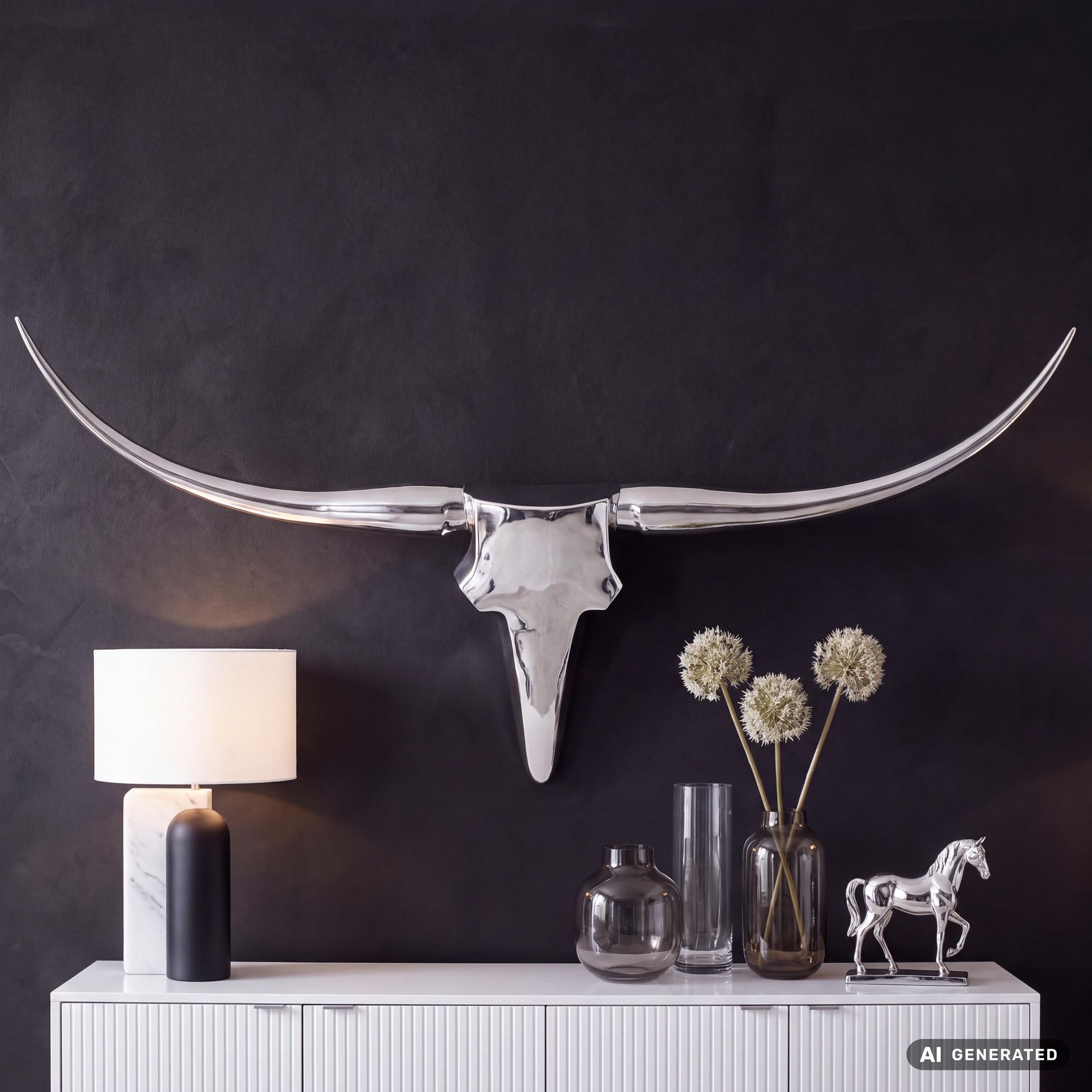 FineBuy Bull Geweih L Wanddekoration 125 cm breit Aluminium silber Wandgeweih – Ansicht 1