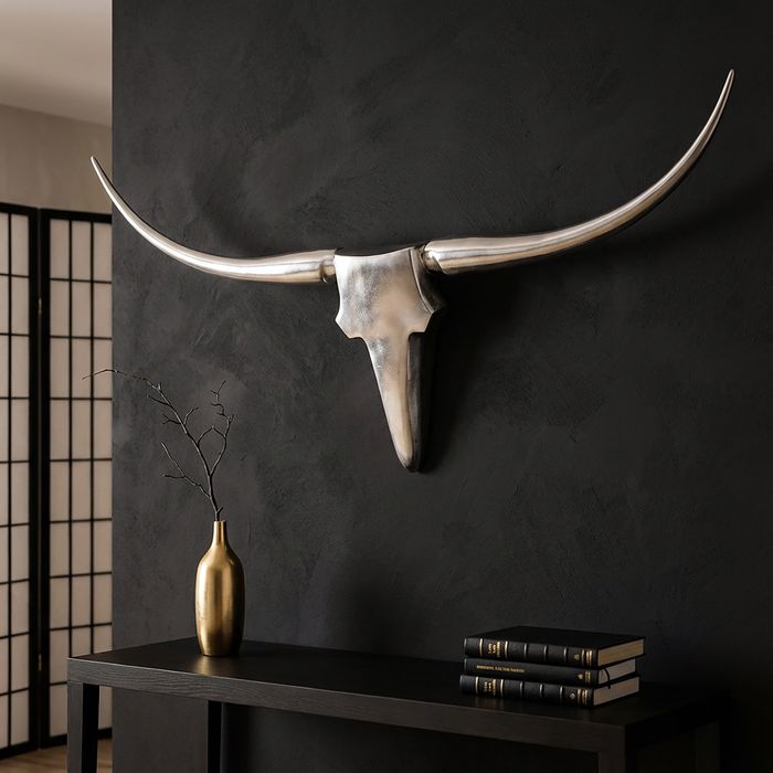 FineBuy Bull Geweih L Wanddekoration 125cm breit Alu Aluminium silber Aluminiumdekoration Wand Geweih Wandgestaltung