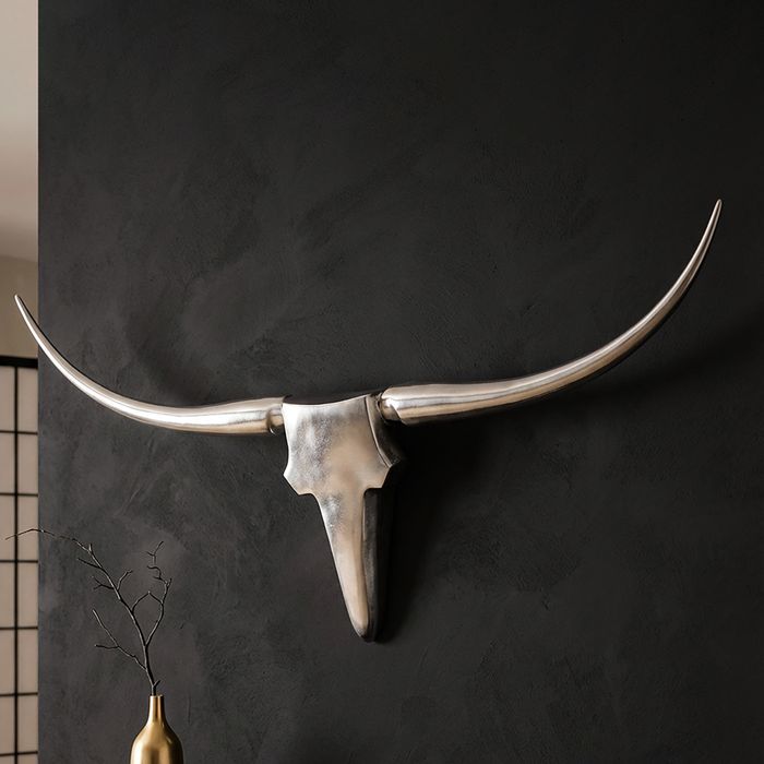FineBuy Bull Geweih L Wanddekoration 125cm breit Alu Aluminium silber Aluminiumdekoration Wand Geweih Wandgestaltung