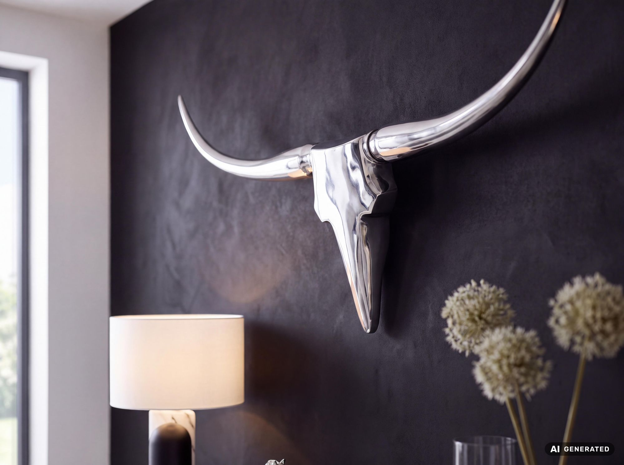 FineBuy Deko Geweih Bull M Aluminium Design Hörner 100cm Wanddekoration Silber – Ansicht 7