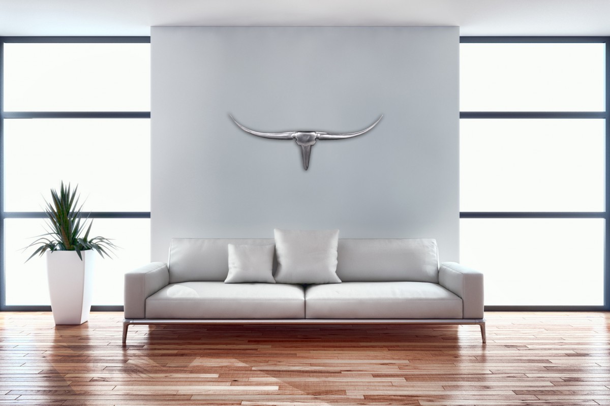 FineBuy Bull Geweih S Wanddekoration 74cm breit Alu Aluminium silber Wandgeweih – Ansicht 1