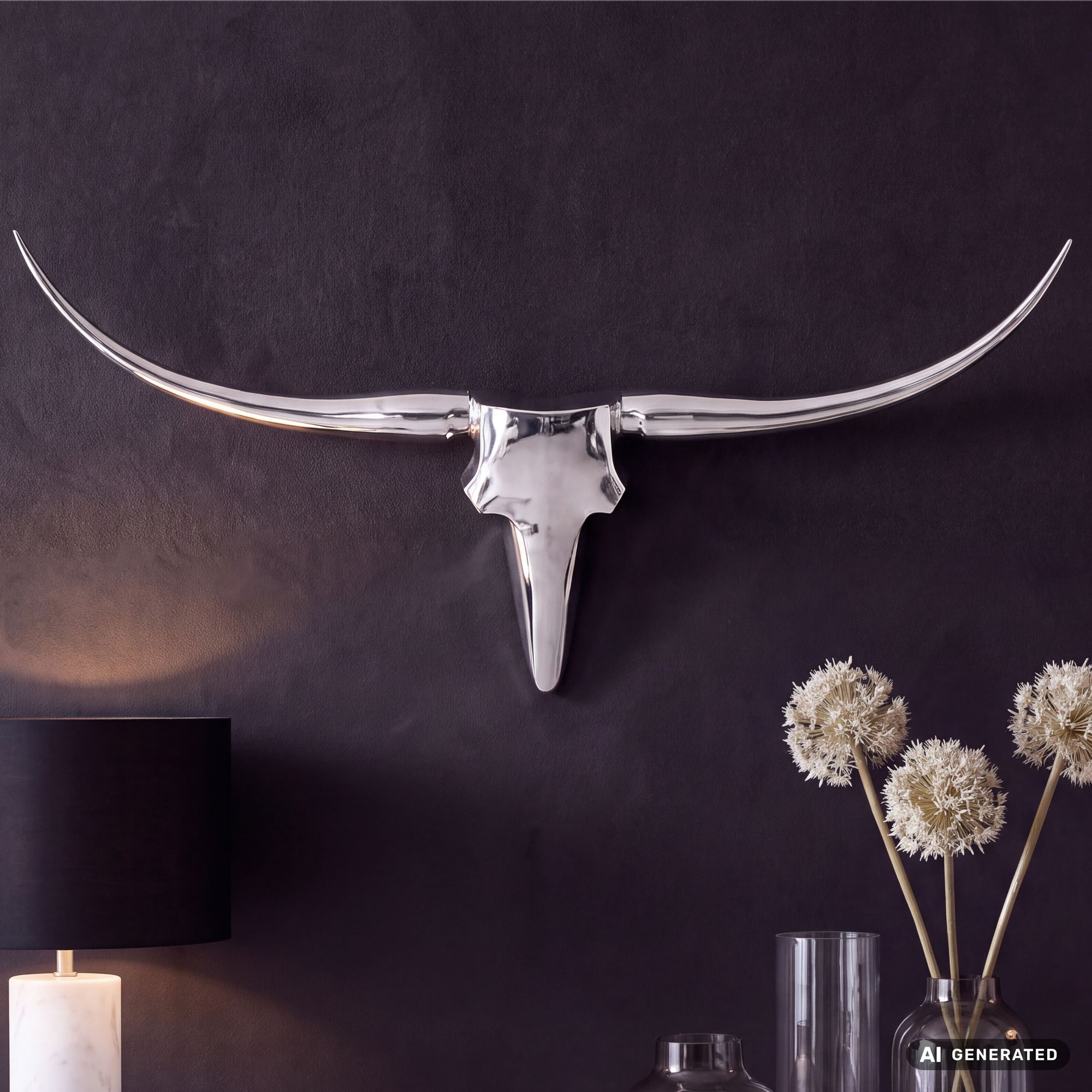 FineBuy Bull Geweih S Wanddekoration 74cm breit Alu Aluminium silber Wandgeweih – Ansicht 1