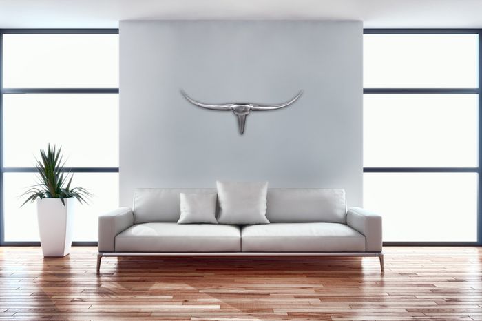 FineBuy Bull Geweih S Wanddekoration 74cm breit Alu Aluminium silber Aluminiumdekoration Wandgeweih Designdekoration 4250950218840