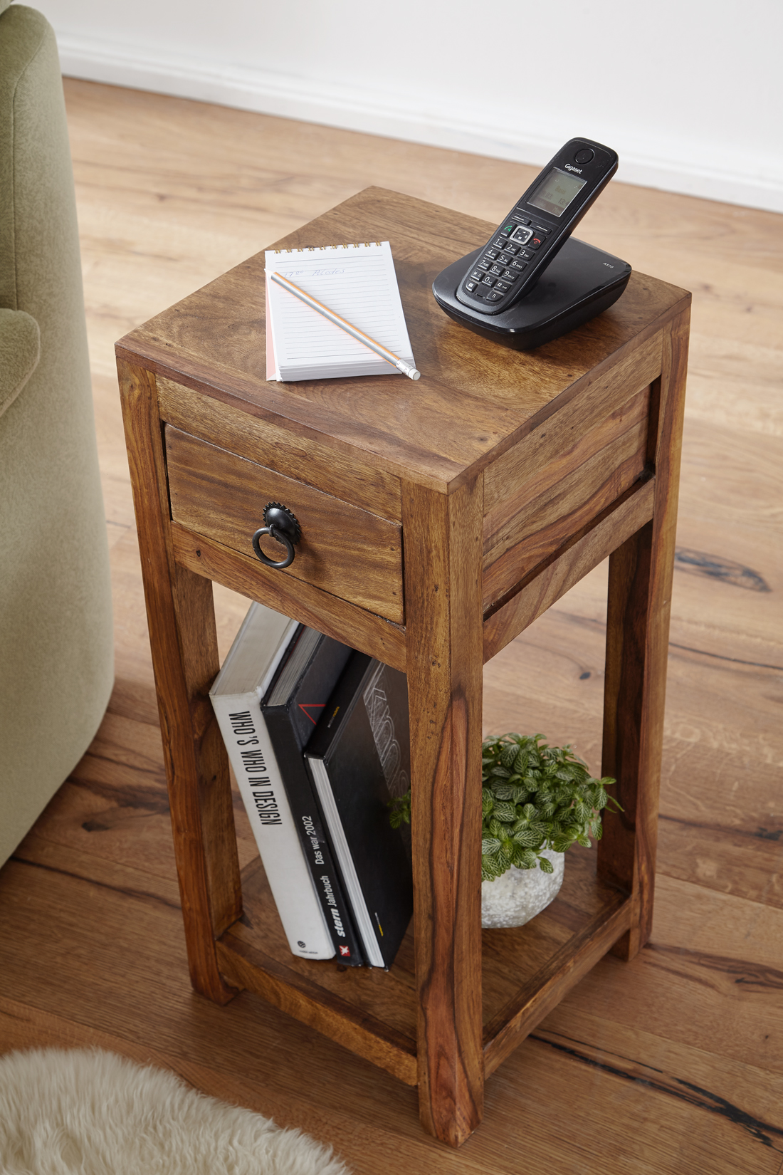 FineBuy Massivholz Beistelltisch Telefontisch 30 x 30 x 68 cm mit Schublade – Ansicht 4