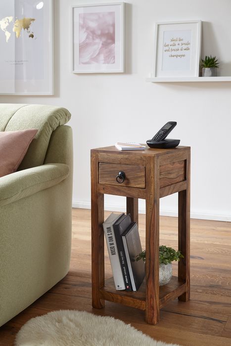 FineBuy Beistelltisch Massiv-Holz Sheesham 68 cm hoch Wohnzimmer-Tisch mit Schublade Design Landhaus-Stil Couchtisch Natur-Produkt Wohnzimmermöbel Unikat modern Massivholzmöbel Echtholz Anstelltisch 4250950219540