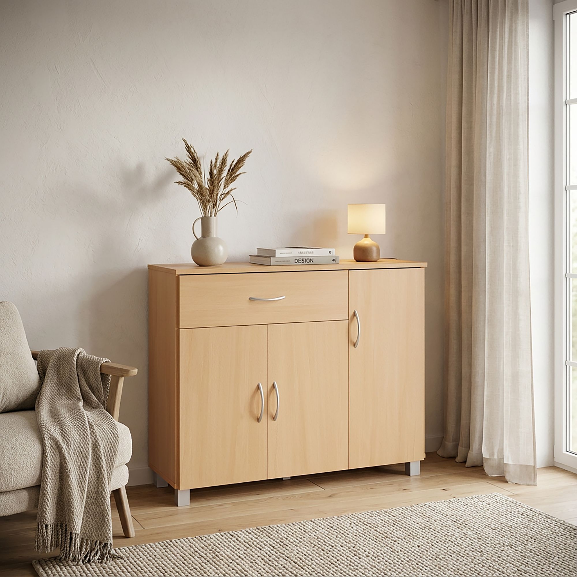 Sideboard 90 cm mit 3 Türen 1 Schublade moderne Kommode 30 cm Tief ideal für Nischen – Ansicht 2