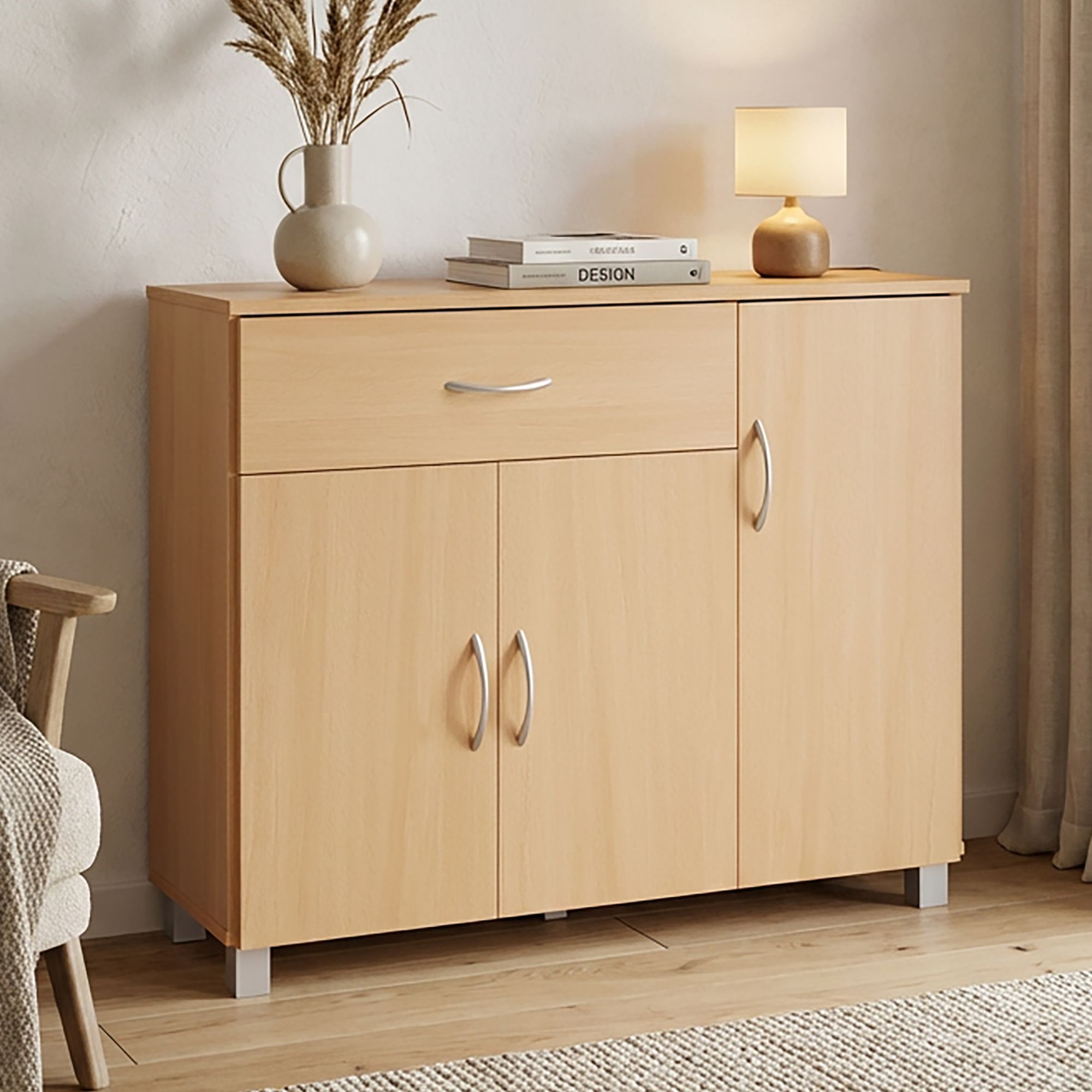 Sideboard 90 cm mit 3 Türen 1 Schublade moderne Kommode 30 cm Tief ideal für Nischen – Ansicht 4