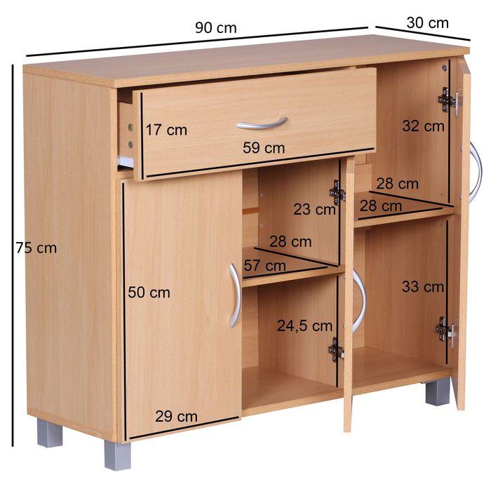 Sideboard 90 cm mit 3 Türen 1 Schublade moderne Kommode 30 cm Tief ideal für Nischen – Maßzeichnung