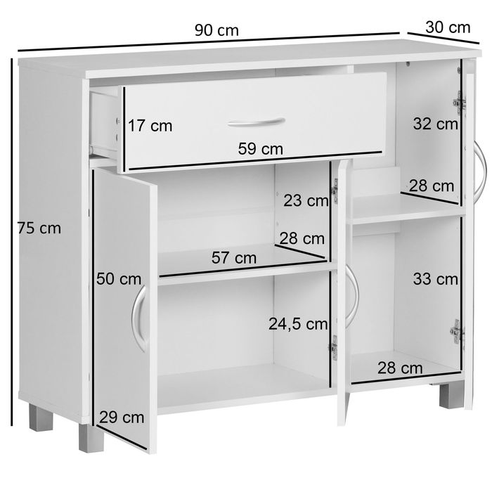 Sideboard 90 cm mit 3 Türen 1 Schublade moderne Kommode 30 cm Tief ideal für Nischen – Maßzeichnung