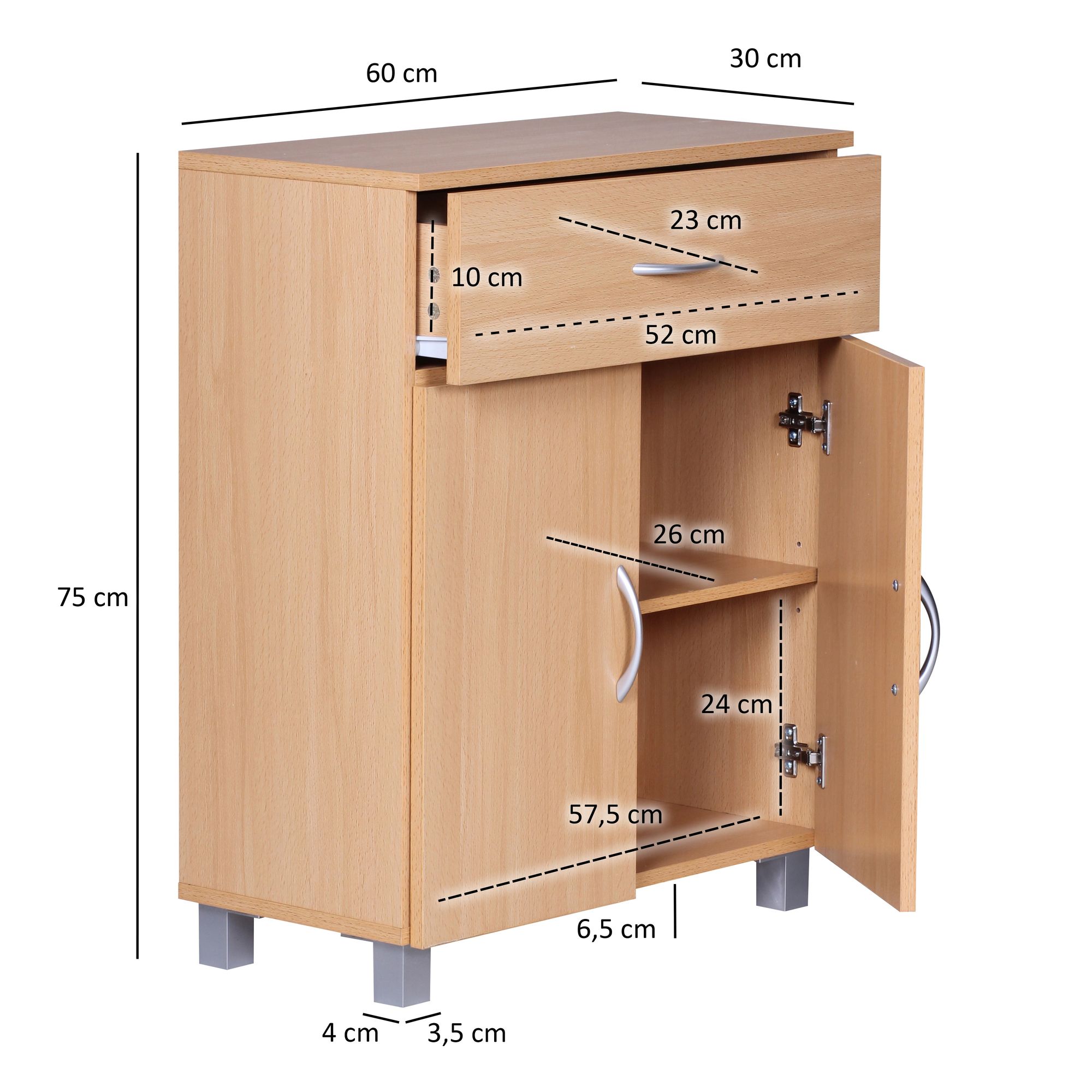 Sideboard 60cm mit 2 Türen & 1 Schublade Moderne Kommode Allzweckschrank Flurschrank – Ansicht 3