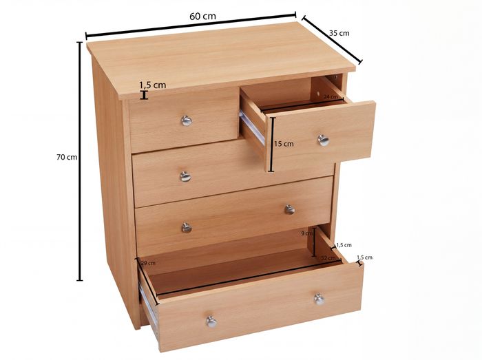 Schubladenkommode mit 5 Schubladen 60cm Sideboard Kommode zeitloses Design – Maßzeichnung