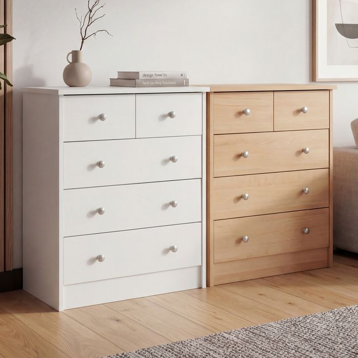 FineBuy Design Holz-Kommode 60 x 70 x 35 cm mit 5 Schubladen, Mehrzweckanrichte flach für Flur, Modernes Sideboard zeitlose Anrichte