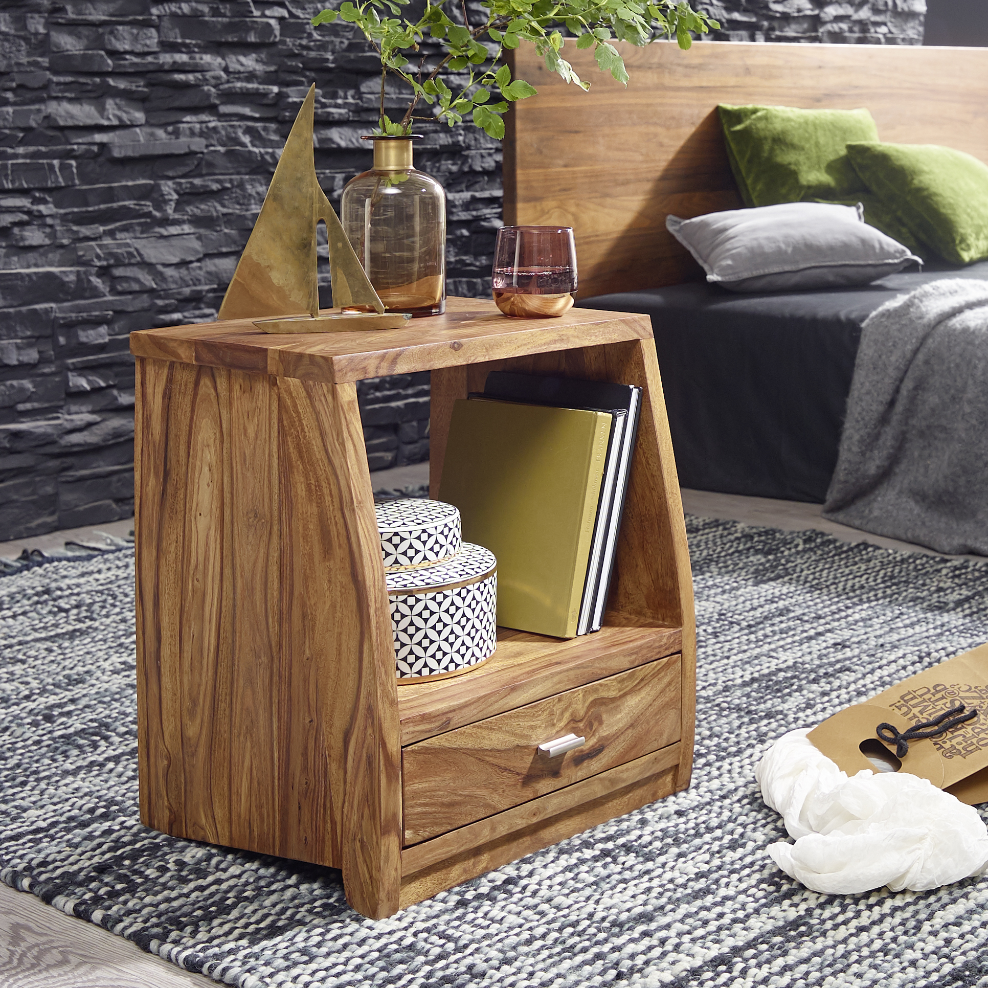 Nachtkommode Sheesham Massivholz Schublade & Ablage Nachttisch Nachtkästchen – Ansicht 1