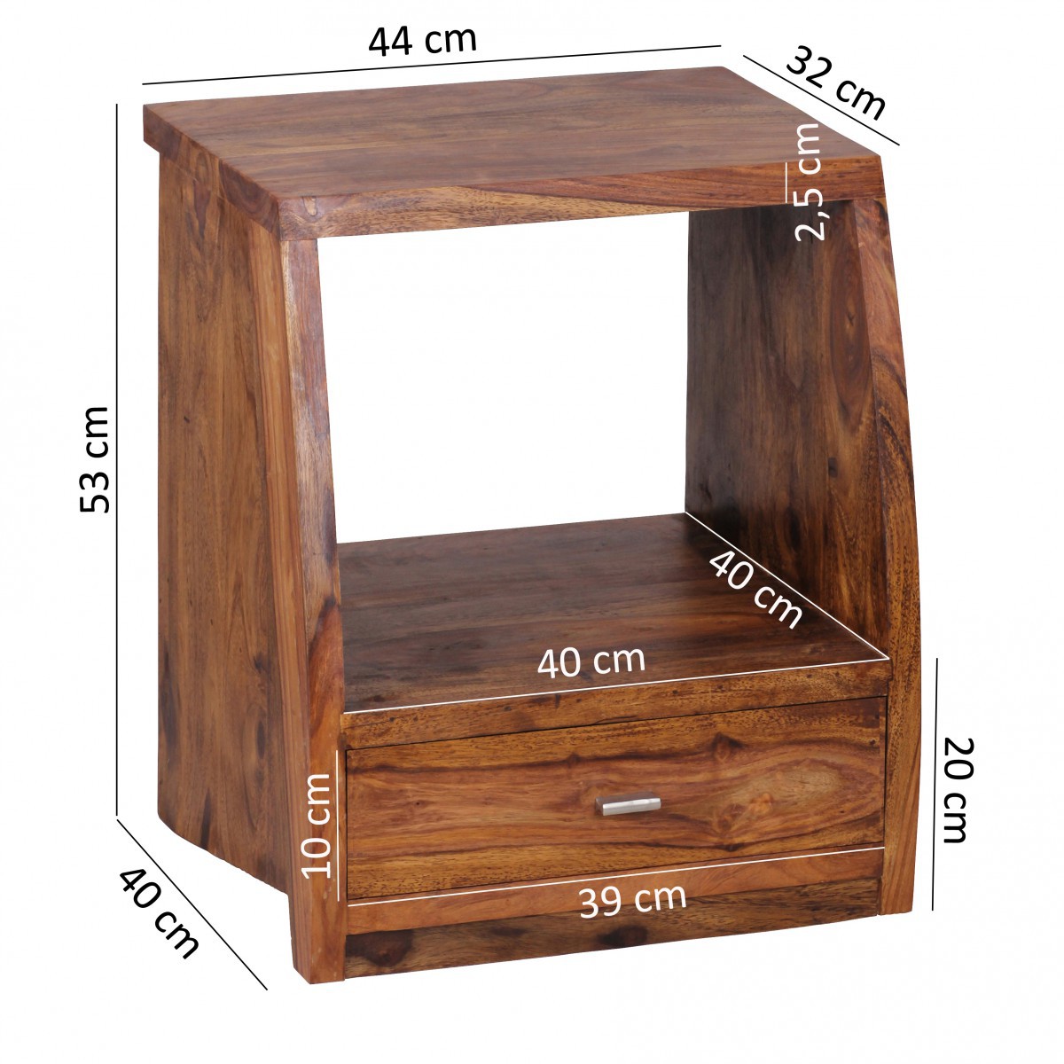 Nachtkommode Sheesham Massivholz Schublade & Ablage Nachttisch Nachtkästchen – Ansicht 3
