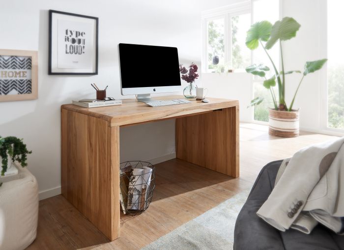 FineBuy Schreibtisch Massiv-Holz Akazie 160 cm Computertisch Echtholz Design Ablage Büro-Tisch Landhaus-Stil