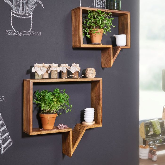 FineBuy 2er Set Wandregale Massiv-Holz Sheesham Holz-Regal Landhaus-Stil Hängeregal Echt-Holz Design Wand-Board Natur-Produkt Wandkonsole dunkel-braun unbehandelt Regale zum Aufhängen Unikat Ablage