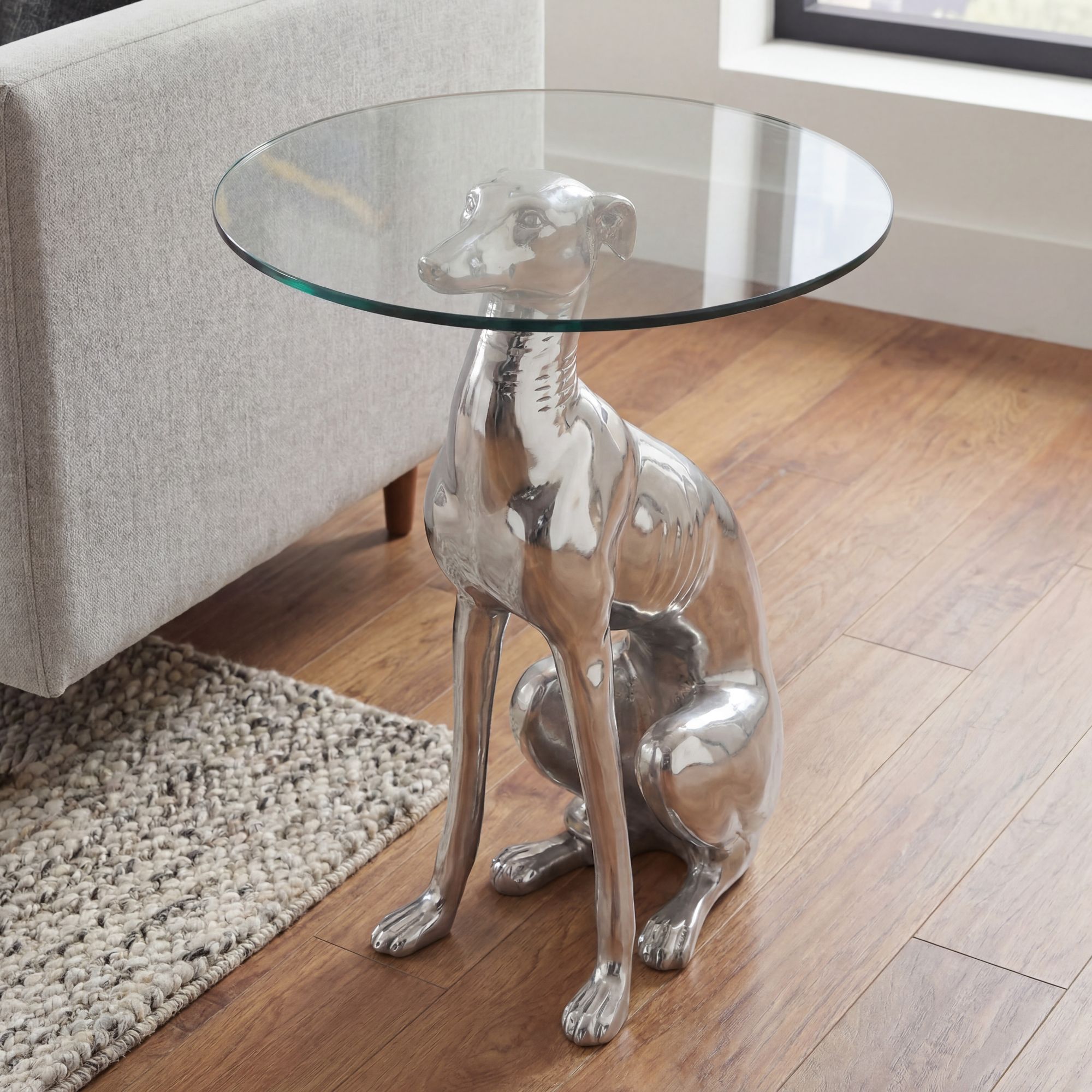 FineBuy Design Beistelltisch Ø40cm Runder Couchtisch Hund 50 cm Hoch Aluminium Tierfigur Ausgefallener Wohnzimmertisch Silber Deko Tisch | Farbe: Silber FineBuy Design Beistelltisch Ø40cm Runder Couchtisch Hund 50 cm Hoch Aluminium Tierfigur Ausgefallener Wohnzimmertisch Silber Deko Tisch | Farbe: Silber