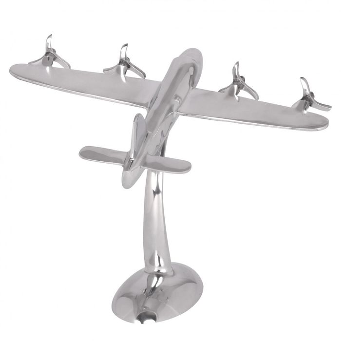 FineBuy Design Deko Propeller Flugzeug 42 x 30 x 30 cm Silbern aus Aluminium, Alu Flieger Geschenk-Idee Tisch-Dekoration mit Standfuß