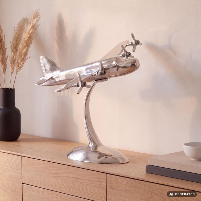 FineBuy Design Deko Propeller Flugzeug 42 x 30 x 30 cm Silbern aus Aluminium, Alu Flieger Geschenk-Idee Tisch-Dekoration mit Standfuß