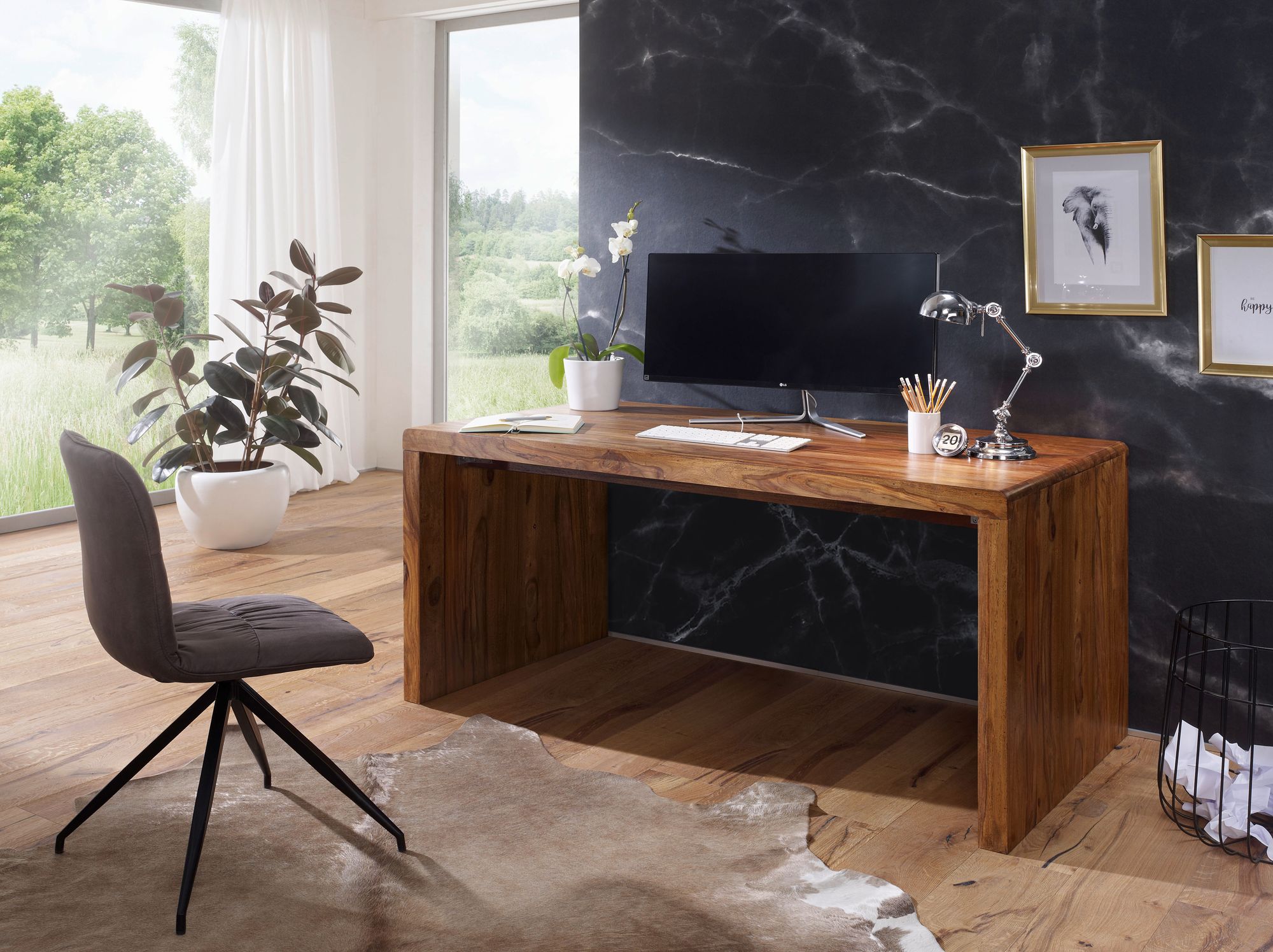 FineBuy Design Schreibtisch Natur Sheesham Massivholz Bürotisch Computertisch – Ansicht 2