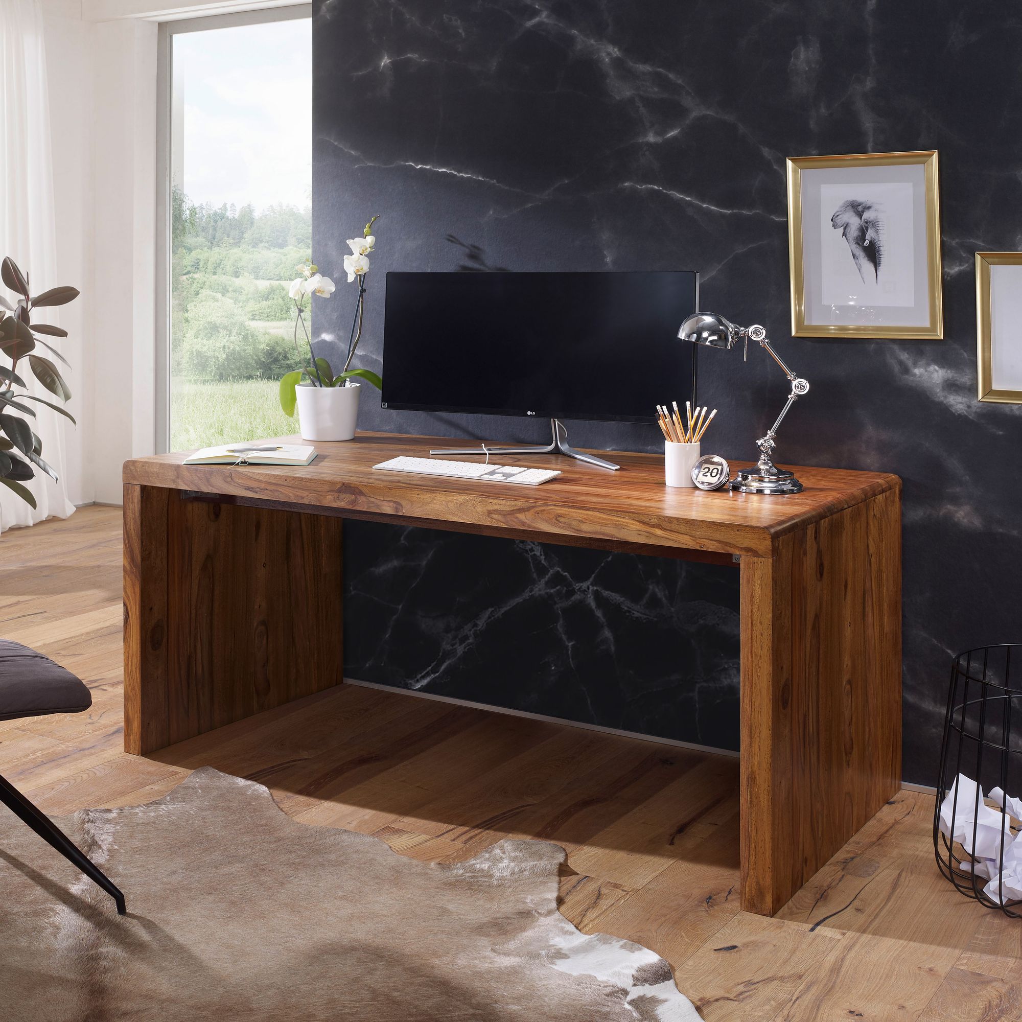 FineBuy Design Schreibtisch 180 cm Sheesham Massivholz Bürotisch Computertisch – Ansicht 1