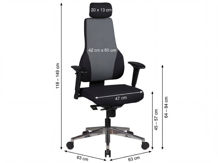 Bürostuhl Ergonomisch Stoff Schwarz Drehstuhl Büro Sessel Chefsessel Kopfstütze – Maßzeichnung
