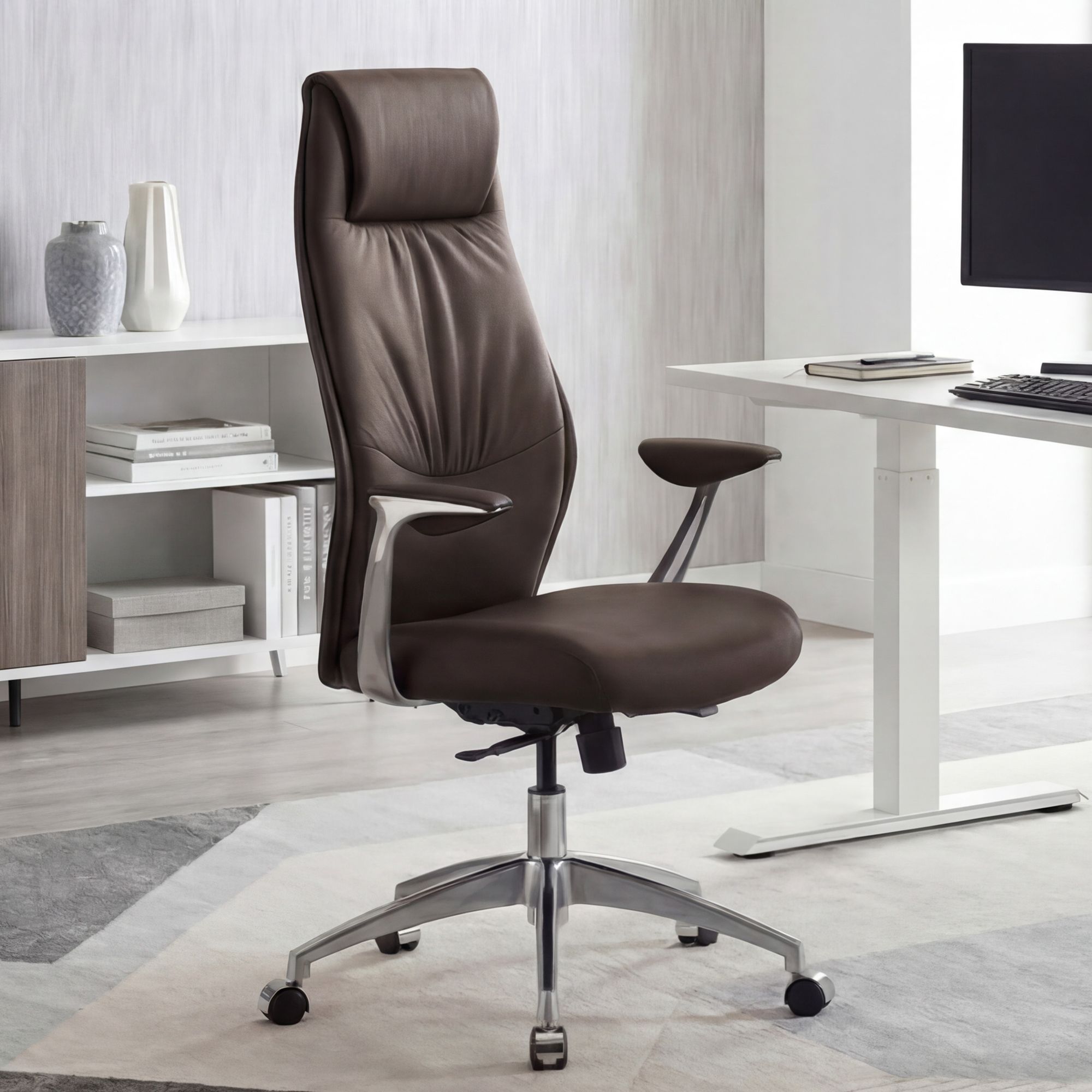 FineBuy Bürostuhl Echt-Leder Schreibtischstuhl Chefsessel Drehstuhl 120KG – Ansicht 1