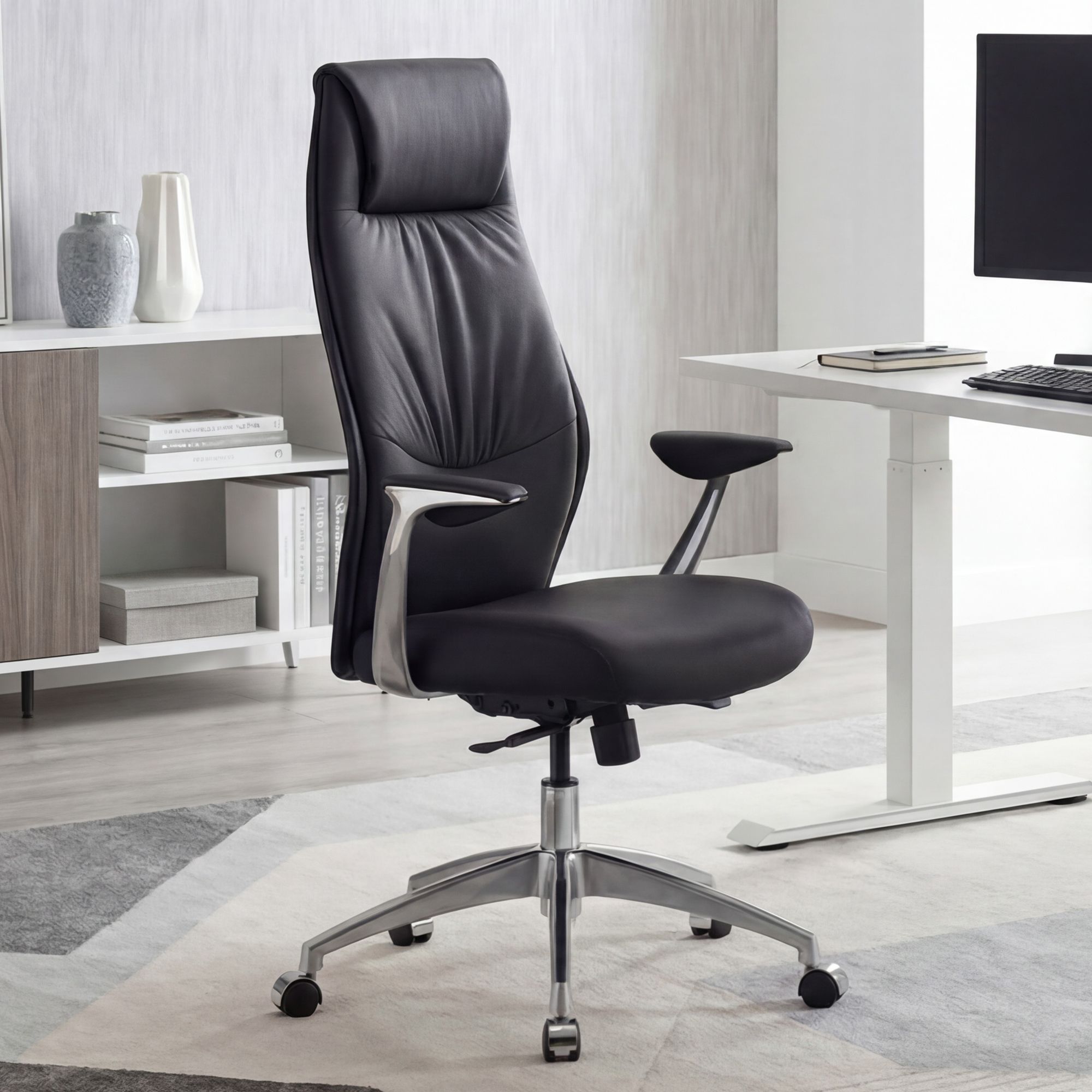 FineBuy Bürostuhl Echt-Leder Schreibtischstuhl Chefsessel Drehstuhl 120KG – Ansicht 1