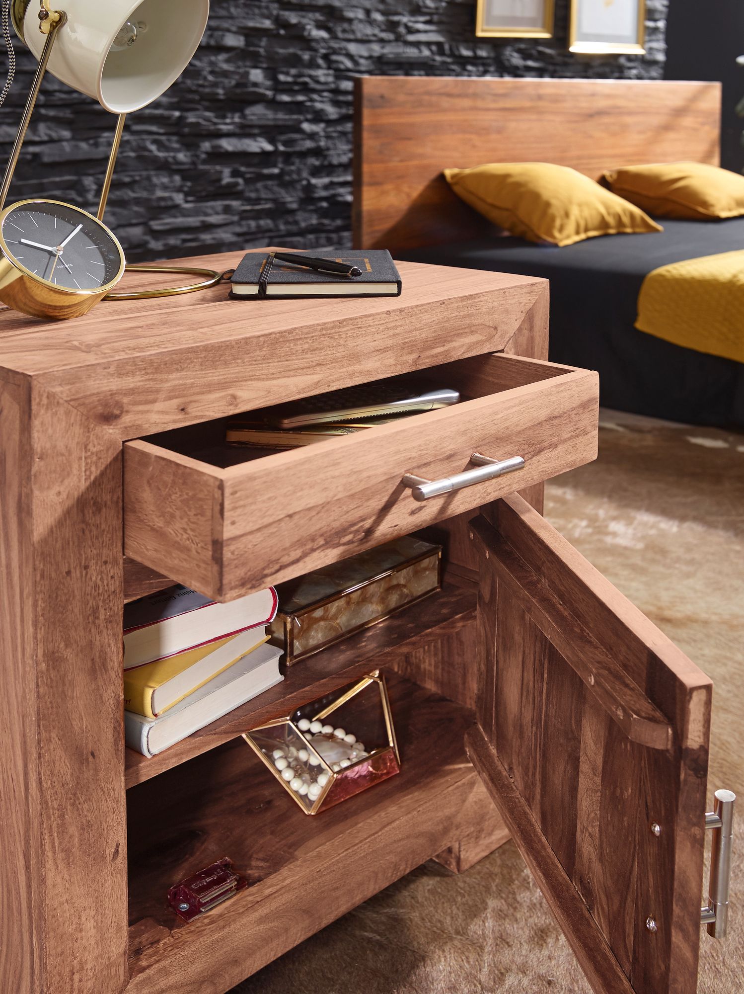 FineBuy Nachttisch Massivholz 60 cm Nachtschrank Nachtkonsole für Boxspringbett – Ansicht 4