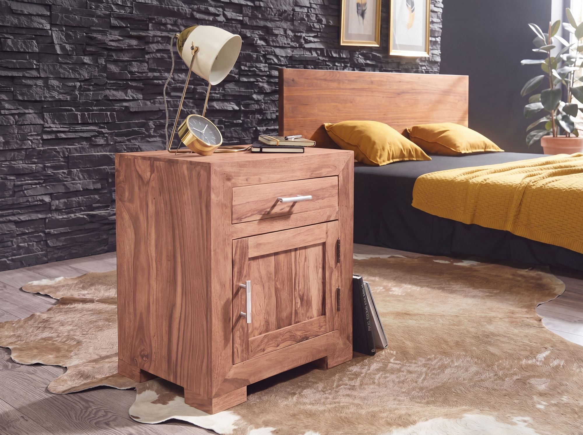 FineBuy Nachttisch Massivholz 60 cm Nachtschrank Nachtkonsole für Boxspringbett – Ansicht 2