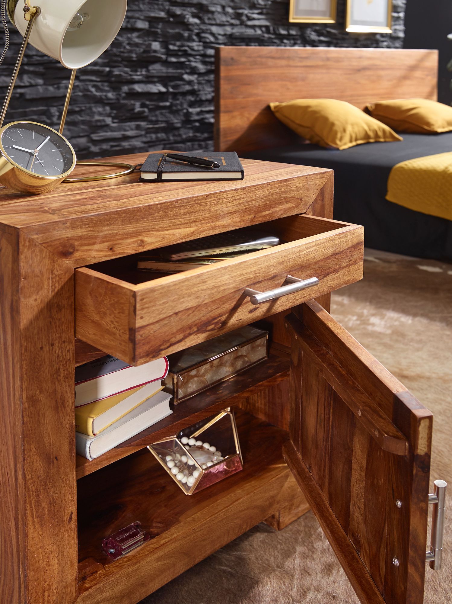 FineBuy Nachttisch Massivholz 60 cm Nachtschrank Nachtkonsole für Boxspringbett – Ansicht 4