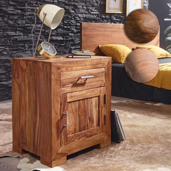FineBuy Nachttisch Massivholz Nachtkommode H 60 cm x B 50 cm mit Schublade und Tür Nachtschrank für Boxspringbett 5152
