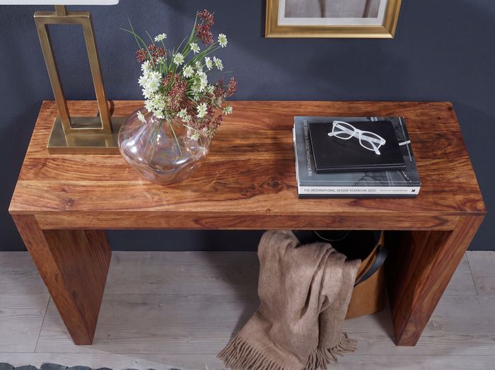 FineBuy Konsolentisch Massivholz 115x40x75 cm Flurtisch, Design Dielentisch Anrichte Schmal, Arbeitstisch Schreibtisch Modern, Konsole Eingangstisch Naturholz 5616