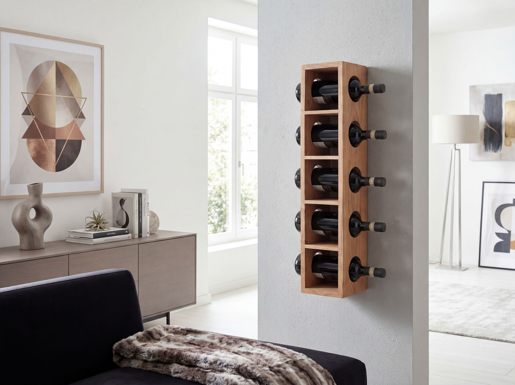 FineBuy Weinregal Massiv-Holz Regal Wandmontage für 5 Flaschen 70 cm Holzregal – Ansicht 2